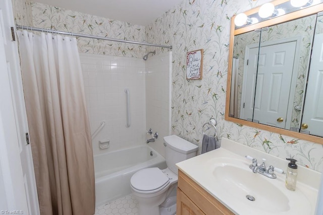 full bathroom with tile patterned floors, shower / bath combination with curtain, toilet, and vanity