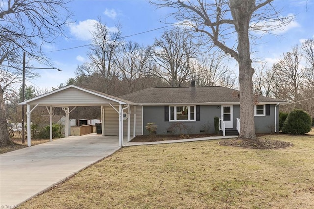 ranch-style house with crawl space, a front lawn, concrete driveway, and roof with shingles