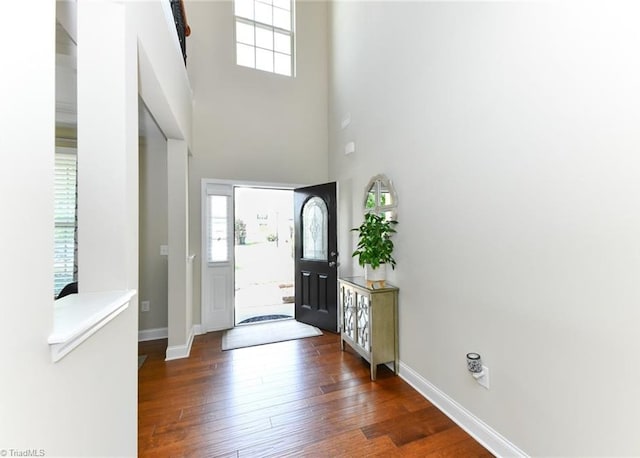 foyer featuring a towering ceiling and dark hardwood / wood-style floors