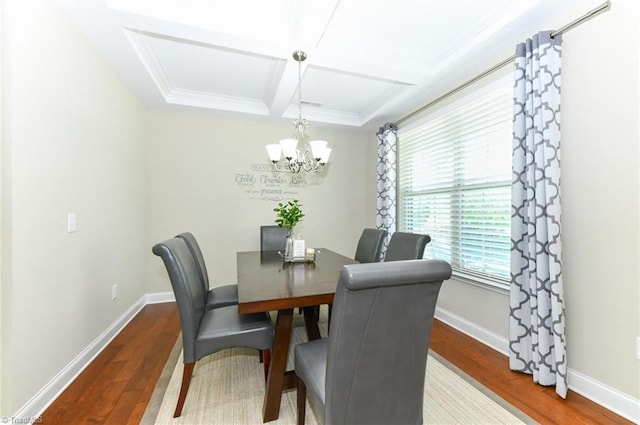 dining space with wood-type flooring, a notable chandelier, crown molding, and coffered ceiling