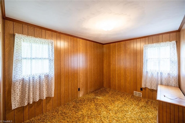 carpeted spare room featuring visible vents, wooden walls, and a healthy amount of sunlight