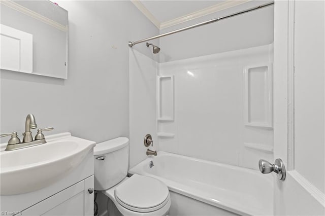 full bathroom featuring toilet, tub / shower combination, crown molding, and vanity