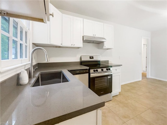 1606 Woodbriar Ave, Greensboro, NC 27405 - kitchen with stainless steel electric range, under cabinet range hood, white cabinetry, stone countertops, and dishwasher