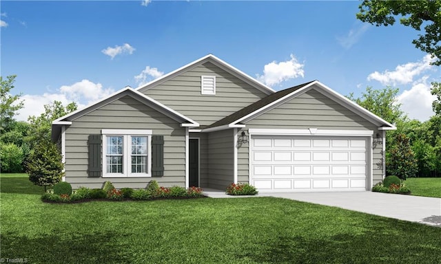 view of front of home with a front yard and a garage