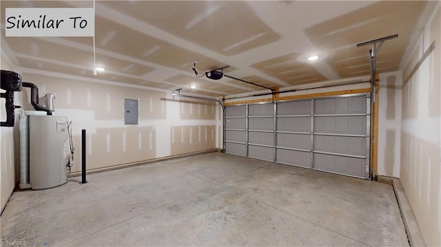 garage featuring a garage door opener, water heater, and electric panel