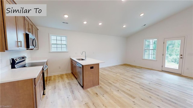 kitchen featuring sink, a healthy amount of sunlight, light hardwood / wood-style floors, and appliances with stainless steel finishes