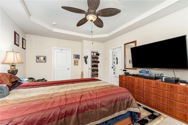275 Obsidium Ct, Gibsonville, NC 27249 - bedroom featuring a tray ceiling and a ceiling fan
