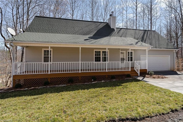 view of front of property with aphalt driveway, a shingled roof, covered porch, a garage, and a front lawn