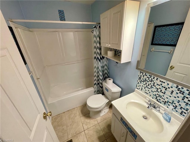 full bathroom featuring decorative backsplash, vanity, shower / tub combo, toilet, and tile patterned floors