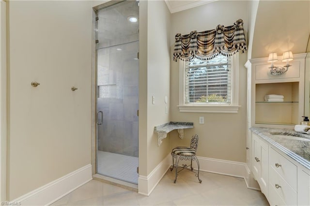 bathroom featuring vanity and walk in shower