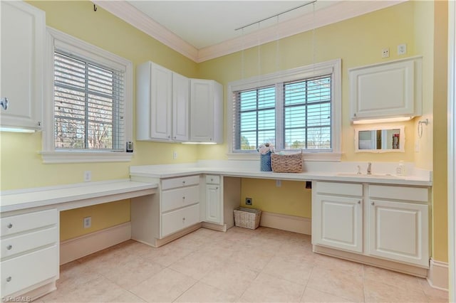 interior space featuring sink, rail lighting, white cabinetry, built in desk, and ornamental molding