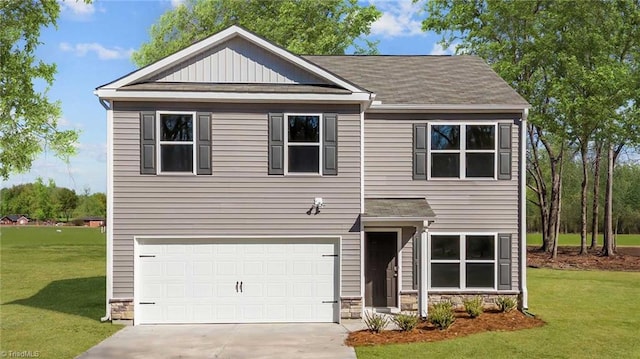 1529 String Dr, Winston-Salem, NC 27107 - view of front of home featuring an attached garage, a front lawn, concrete driveway, stone siding, and a shingled roof