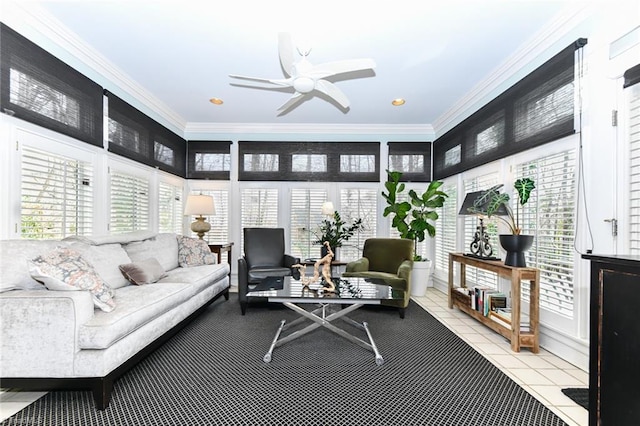 tiled living room with recessed lighting, ornamental molding, and a ceiling fan