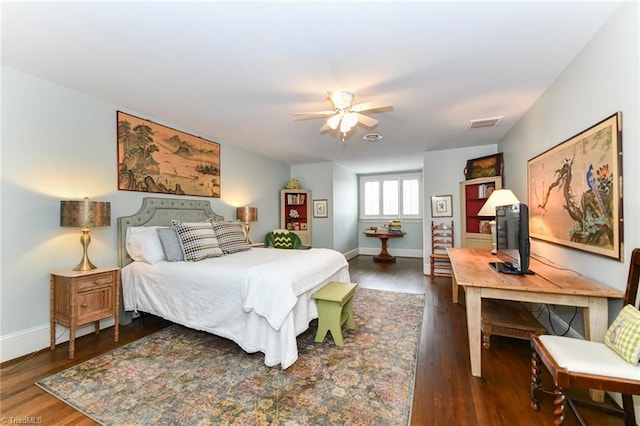 bedroom with visible vents, baseboards, and dark wood-style flooring