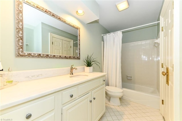 full bathroom with tile patterned flooring, toilet, vanity, and shower / bathtub combination with curtain