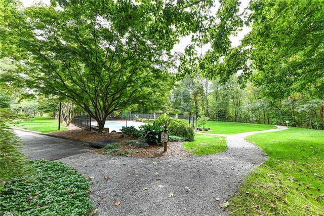 view of home's community featuring a swimming pool, a yard, and fence