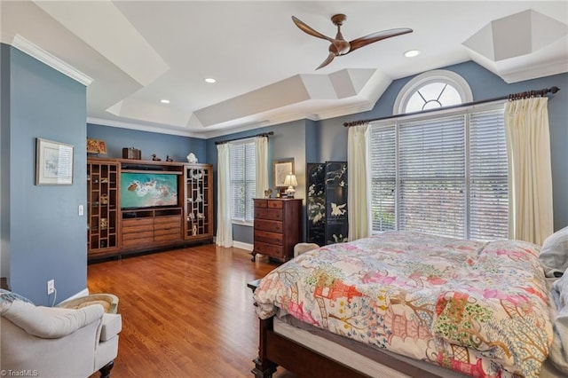 3741 Canter Dr, Trinity, NC 27370 - bedroom with a tray ceiling, wood finished floors, crown molding, ceiling fan, and recessed lighting