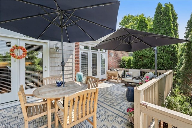 3741 Canter Dr, Trinity, NC 27370 - wooden terrace with outdoor lounge area, outdoor dining area, french doors, and a patio