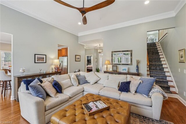 3741 Canter Dr, Trinity, NC 27370 - living area with light wood-style flooring, ceiling fan, recessed lighting, stairs, and ornamental molding