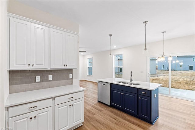 kitchen with light wood-type flooring, a sink, stainless steel dishwasher, backsplash, and white cabinetry