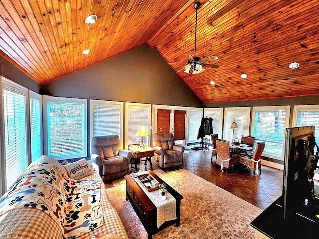 living room featuring a healthy amount of sunlight, wood ceiling, high vaulted ceiling, and ceiling fan