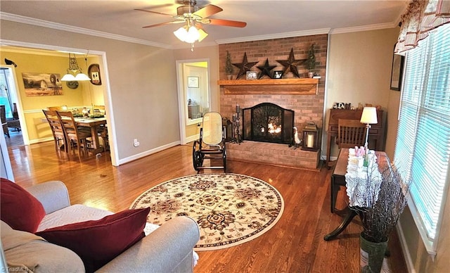 living room featuring baseboards, a fireplace, wood finished floors, and crown molding