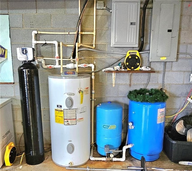 utility room featuring electric panel and electric water heater