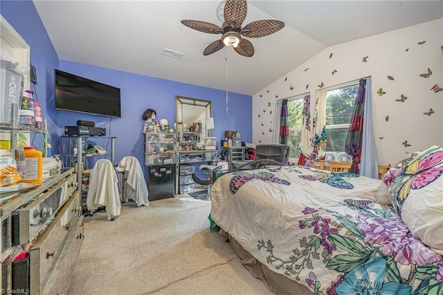 carpeted bedroom featuring vaulted ceiling, a ceiling fan, access to exterior, and visible vents