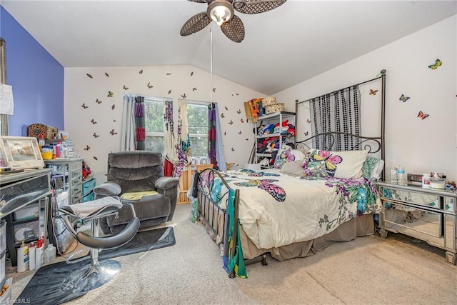 carpeted bedroom with ceiling fan and lofted ceiling