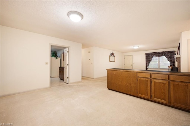 kitchen with a textured ceiling and light colored carpet