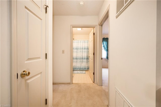 corridor featuring light carpet and a textured ceiling