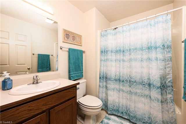 full bathroom with tile patterned floors, toilet, shower / tub combo, vanity, and a textured ceiling