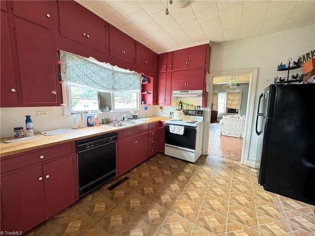 kitchen featuring light hardwood / wood-style flooring, crown molding, black appliances, and sink