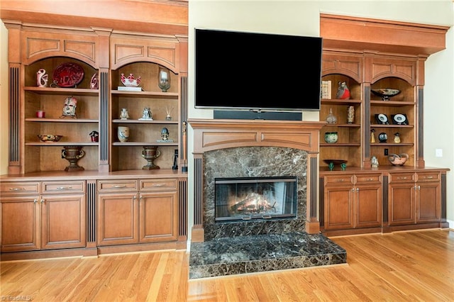 living area featuring light wood-type flooring and a high end fireplace