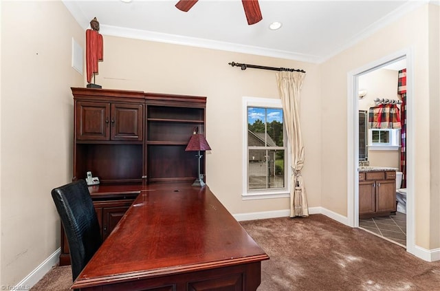carpeted office featuring baseboards, ceiling fan, crown molding, and recessed lighting