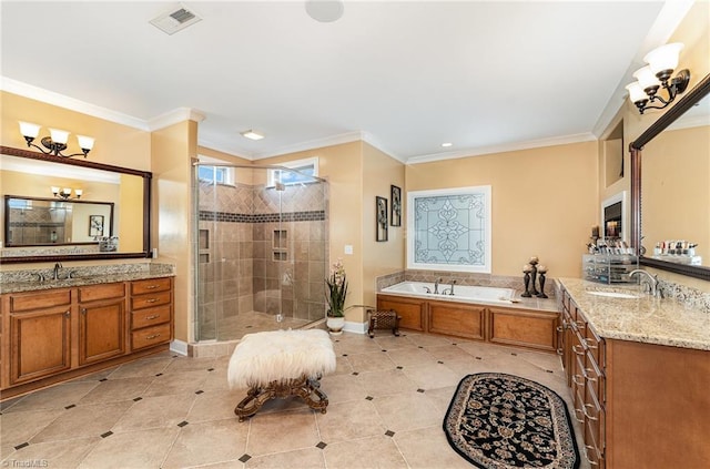 bathroom featuring a stall shower, tile patterned floors, a bath, ornamental molding, and two vanities
