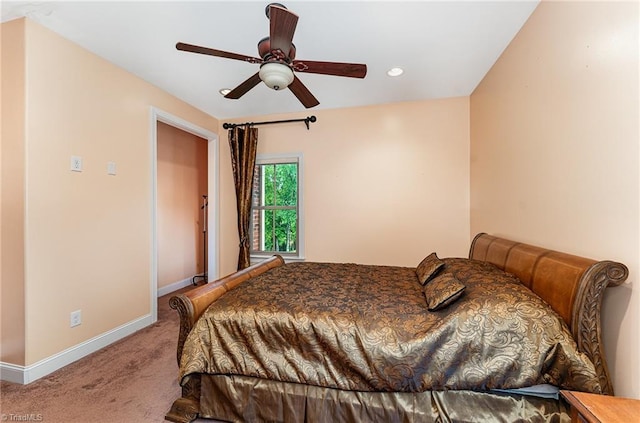 bedroom with carpet, baseboards, a ceiling fan, and recessed lighting