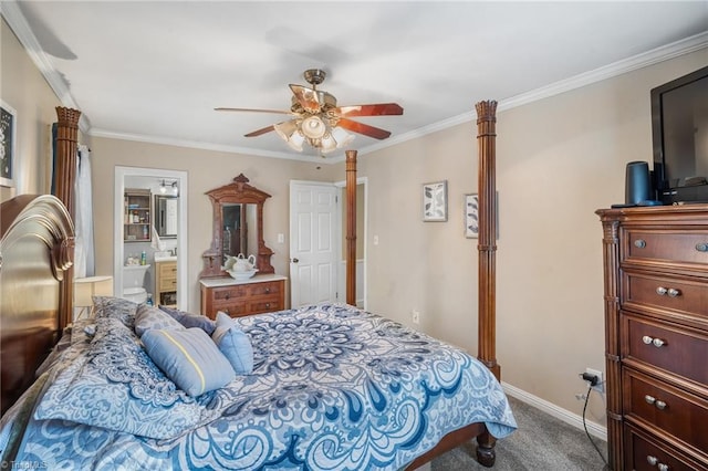 bedroom featuring baseboards, ceiling fan, ensuite bathroom, crown molding, and carpet floors