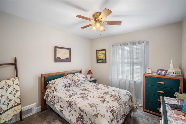 bedroom with visible vents, dark carpet, baseboards, and ceiling fan