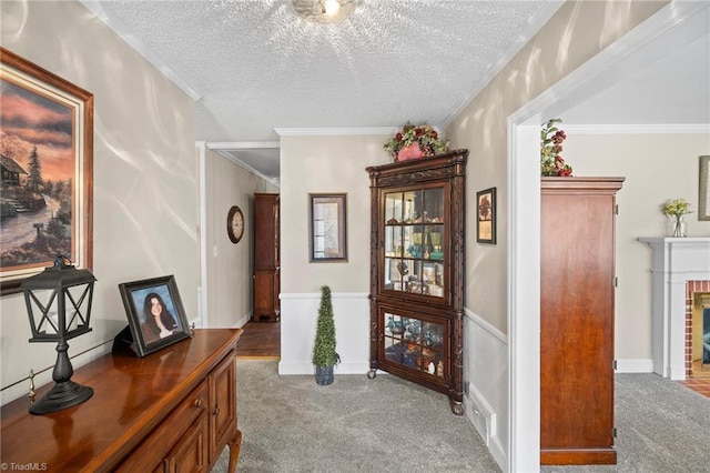 hallway featuring carpet, crown molding, and a textured ceiling