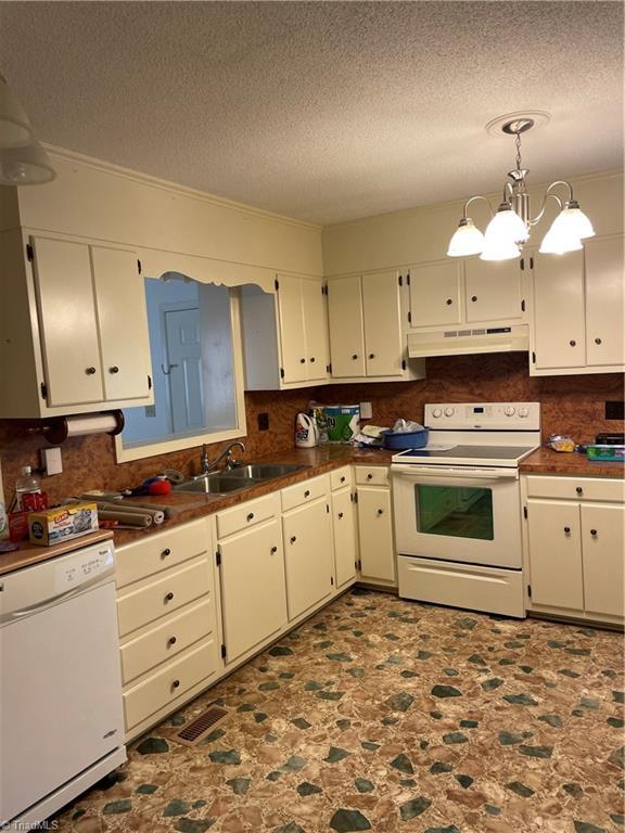 139 Orchard View Dr, Mount Airy, NC 27030 - kitchen featuring white appliances, under cabinet range hood, decorative backsplash, and a sink