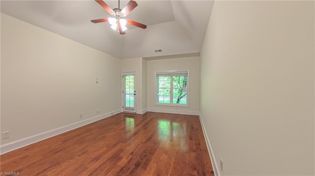 5567 Foxgate Cir, Winston-Salem, NC 27106 - empty room featuring ceiling fan, wood finished floors, and vaulted ceiling