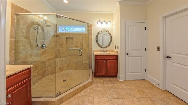 5567 Foxgate Cir, Winston-Salem, NC 27106 - bathroom featuring vanity, crown molding, a shower stall, and tile patterned floors
