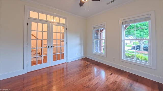5567 Foxgate Cir, Winston-Salem, NC 27106 - empty room with french doors, wood-type flooring, ornamental molding, and ceiling fan