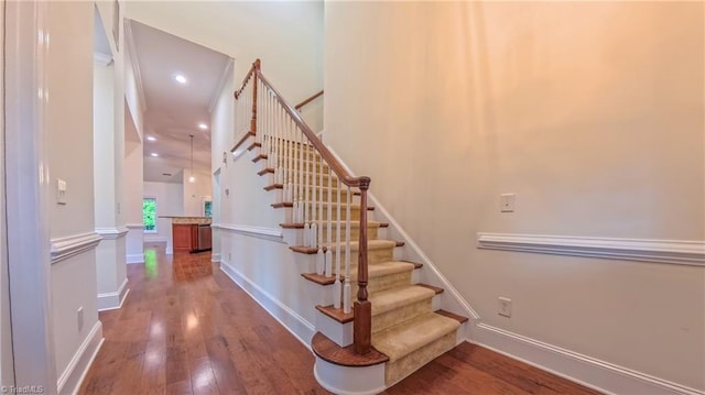 5567 Foxgate Cir, Winston-Salem, NC 27106 - stairway featuring wood finished floors and recessed lighting