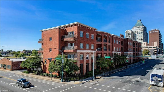 view of building exterior with a city view