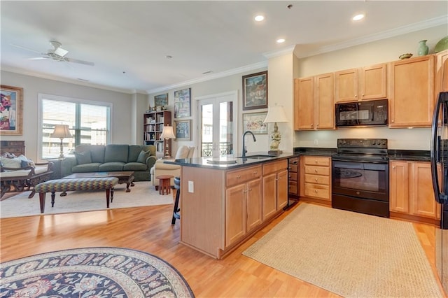 kitchen with a peninsula, a sink, black appliances, light wood-style floors, and french doors