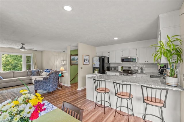 2664 Old Thomasville Rd, Winston-Salem, NC 27107 - kitchen with stainless steel appliances, a peninsula, light wood-type flooring, light stone countertops, and open floor plan