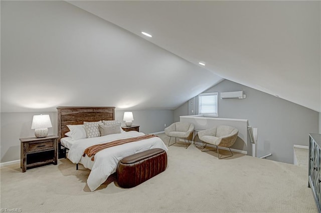 bedroom with a wall unit AC, lofted ceiling, and carpet flooring
