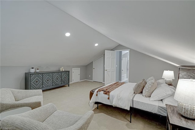 bedroom with carpet, vaulted ceiling, baseboards, and recessed lighting